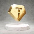 Tether cryptocurrency icon. Gold 3d rendered icon on white marble podium