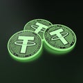 Tether. Three green glowing cryptocurrency coins. Cryptocurrency mining