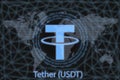 Tether USDT Abstract Cryptocurrency. With a dark background and a world map. Graphic concept for your design