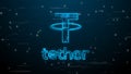 Tether USDT coin futuristic neon symbol. Binary code and speed lines background