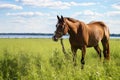 a tethered horse grazing in an open field