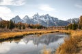 Teton mountain range reflection in the Snake River at Schwabacher`s Landing in Grand Teton National Park, Wyoming. Fall scenic nat