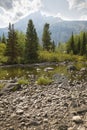 Teton Mountains from rocky shore, Cottonwood Creek, Jackson Hole Royalty Free Stock Photo