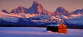 Tetons Mountains Sunset in Winter with Old Cabin Homestead Building