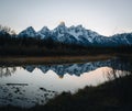 Teton Range reflected on beaver pond at Schwabacher Landing, Grand Teton National Park, Wyoming Royalty Free Stock Photo