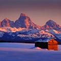 Tetons Mountains Sunset in Winter with Old Cabin Homestead Building