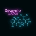 Tetracycline antibiotic chemical formula and composition, concept structural drug, isolated on black background, neon style vector