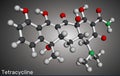 Tetracycline drug molecule. It is an antibiotic used to treat a wide variety of susceptible infections. Molecular model. 3D
