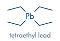 Tetraethyllead gasoline octane booster molecule. Neurotoxic organolead compound. Skeletal formula.