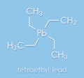 Tetraethyllead gasoline octane booster molecule. Neurotoxic organolead compound. Skeletal formula.