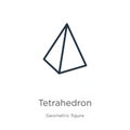 Tetrahedron icon. Thin linear tetrahedron outline icon isolated on white background from geometry collection. Line vector