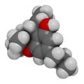 Tetrahydrocannabivarin or THCV cannabinoid molecule. 3D rendering. Atoms are represented as spheres with conventional color coding