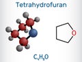 Tetrahydrofuran, THF, oxolane organic solvent molecule. Structural chemical formula, molecule model. Vector Royalty Free Stock Photo