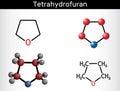 Tetrahydrofuran, THF, oxolane organic solvent molecule. Structural chemical formula, molecule model. Vector Royalty Free Stock Photo