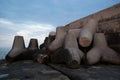 Tetrapod breakwaters lie on the shore near the sea. Tetrapod stones, close-up. Concrete tetrapods for protect coastal structures