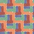 Tetris seamless rectangle pattern. Doodle figures in orange, blue, green, maroon tones. Simple backdrop Royalty Free Stock Photo