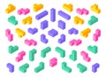 Tetris shapes. Isometric 3D puzzle game elements colorful cube abstract blocks. Vector isometric tetris design objects Royalty Free Stock Photo