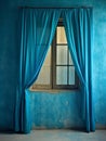 Tetured wall in a blue room with window and a folded curtain