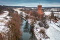 Teutonic Castle at the Wda river in winter scenery. Swiecie, Poland