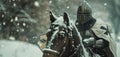 A Teutonic Knight on horseback rides through a snowy landscape his breath visible in the cold air