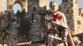 A Teutonic Knight stands guard at the entrance of a stone fortress his sword gleaming in the sun