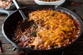 Tex mex stew with beans, ground beef, vegetables and cheddar cheese topping. Royalty Free Stock Photo