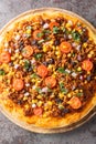 Tex Mex taco pizza with ground beef, tomatoes, corn, black beans, cheddar cheese, red onion and Mexican spices close-up on a Royalty Free Stock Photo