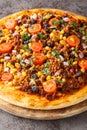 Tex Mex taco pizza with ground beef, tomatoes, corn, black beans, cheddar cheese, red onion and Mexican spices close-up on a Royalty Free Stock Photo