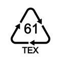 61 TEX recycling sign in triangular shape with arrows. Jute reusable icon isolated on white background. Environmental