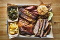 Texas bbq style tray with smoked beef brisket, st louis ribs, chicken and hot links Royalty Free Stock Photo