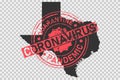 Texas coronavirus stamp. Concept of quarantine, isolation and pandemic of the virus in USA, Austin. Grunge style texture