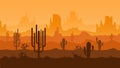 Texas desert sunset. Arizona landscape, valley of cacti with mountains silhouettes background panoramic vector Royalty Free Stock Photo