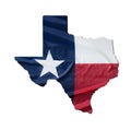 Texas flag waving fabric texture on the state map