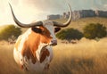Texas longhorn bull on grassland, illustration AI