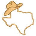 Texas map with lasso rope frame and cowboy hat isolated on white for design. Texas color sign symbol Royalty Free Stock Photo