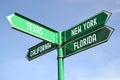 Texas, New York, Florida, California - green signpost with for arrows Royalty Free Stock Photo
