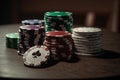 Texas poker Hold'em cards and chips. Poker online, player's smartphone at the poker table, poker room. Poker