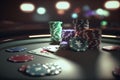 Texas poker Hold'em cards and chips. Poker online, player's smartphone at the poker table, poker room. Poker