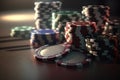 Texas poker Hold'em cards and chips. Poker online, player's smartphone at the poker table, poker room. Poker