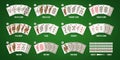Texas poker playing cards hand ranking combination. Royal and straight flush, full house and five of kind casino rank