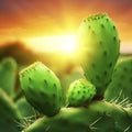 Texas Prickly pear cactus with green fruit with sunset background