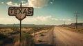 Texas road sign at state border, view of vintage rusty signpost on blue sky background, landscape of desert. Concept of travel, Royalty Free Stock Photo