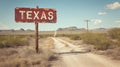 Texas road sign at state border, view of wooden vintage signpost on blue sky background, landscape of desert. Concept of travel, Royalty Free Stock Photo