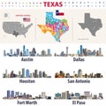 Texas`s vector high detailed map showing counties formations. Largest cities skylines of Texas Royalty Free Stock Photo