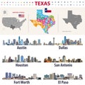 Texas`s vector high detailed map showing counties formations. Largest cities skylines of Texas