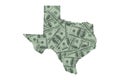 Texas State Map Outline and United States Money Concept, Hundred Dollar Bills Royalty Free Stock Photo