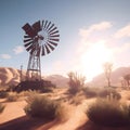 Texas style old westernmill windmill at sunset Royalty Free Stock Photo