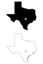 Texas TX state Map USA with Capital City Star at Austin. Black silhouette and outline isolated maps on a white background. EPS Royalty Free Stock Photo