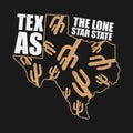 Texas typography graphics for t-shirt with map of state and cactus. Grunge print for apparel, clothes. Vector.