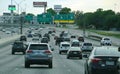 Texas, U.S - April 6, 2024 - The view of the traffic on Interstate 35 North with exit to Interstate 10 East and 10 West